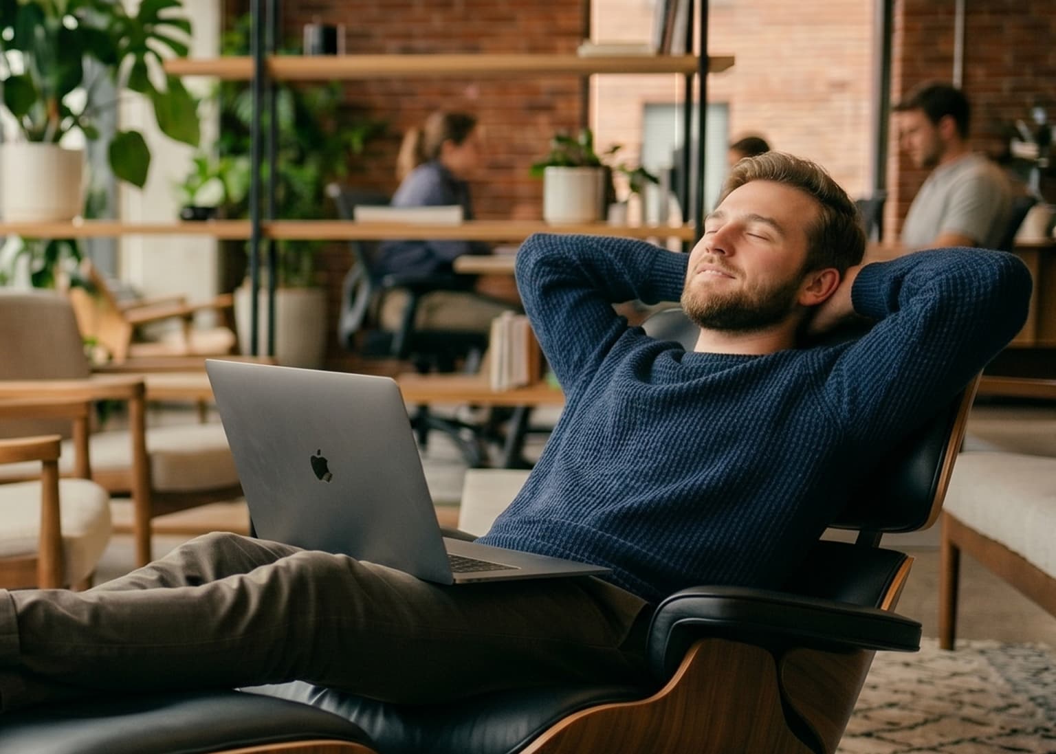 Business owner relaxing in an office while AI automation handles customer communication